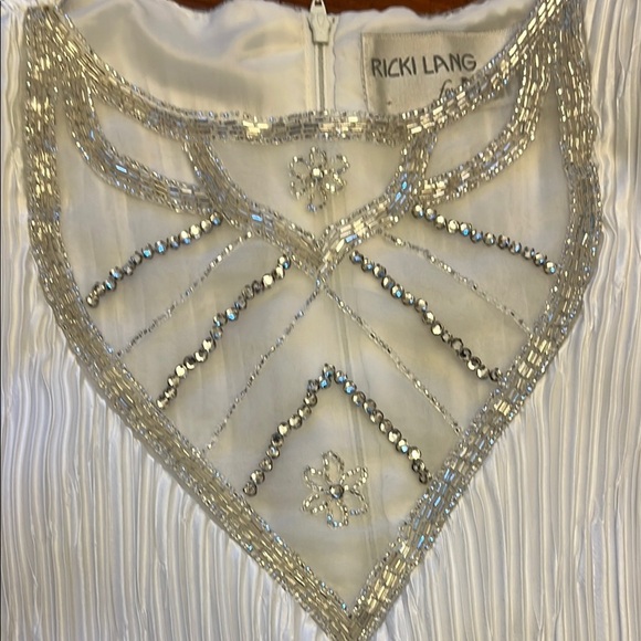 Vintage Ricki Lang for Nuit Silk Crinkle Pleated Midi Dress White Sz 6 Bling - Picture 4 of 9